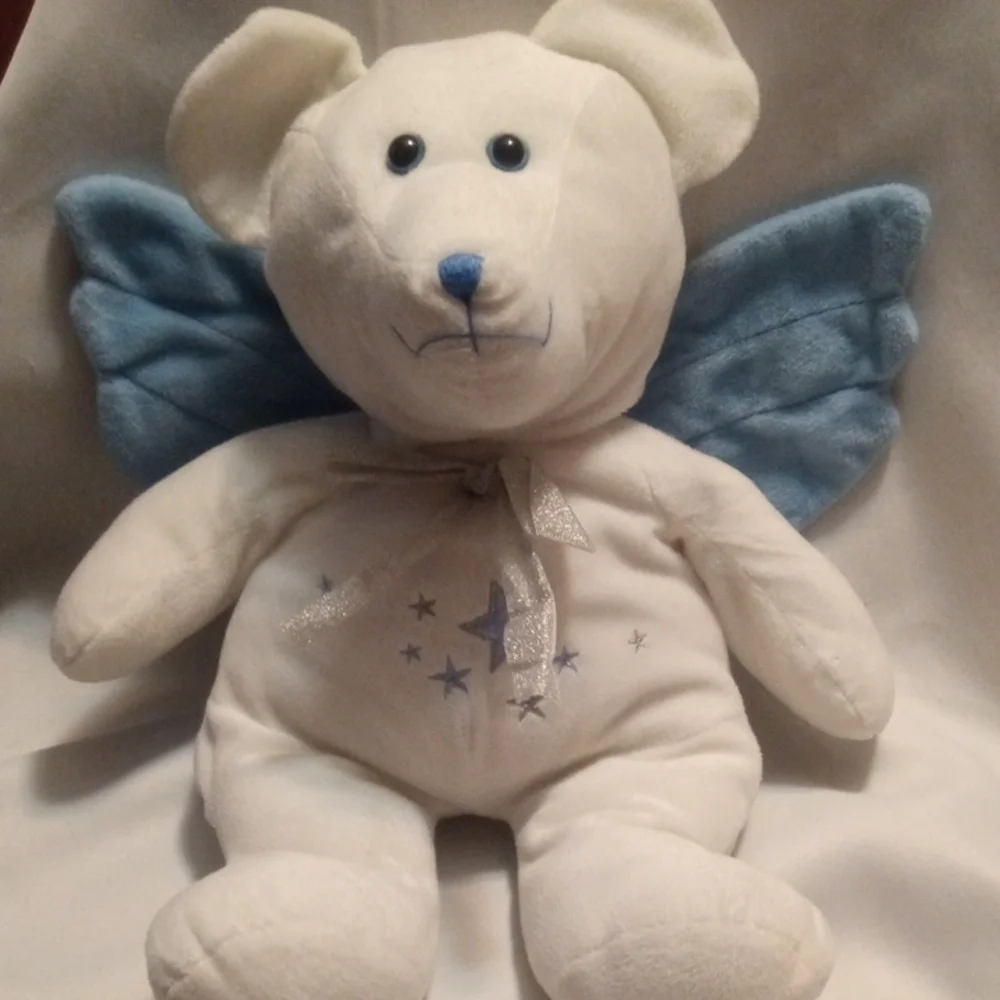Adorable White Plush Bear with Blue Angelic Wings And Stars